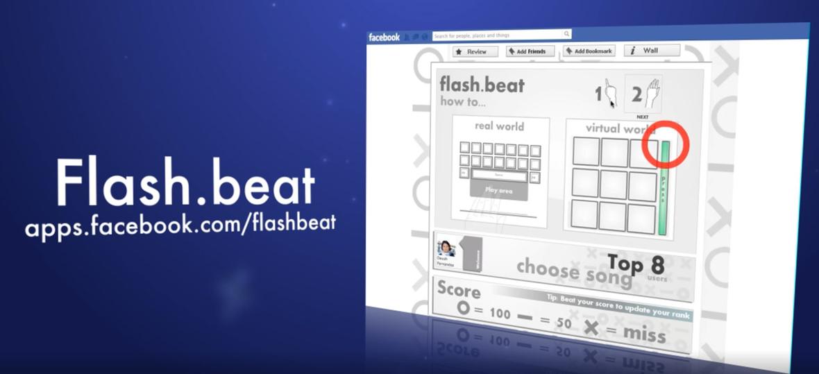 Maqueta de la interfaz del juego de ritmo Flash.beat dentro de un marco de app de Facebook