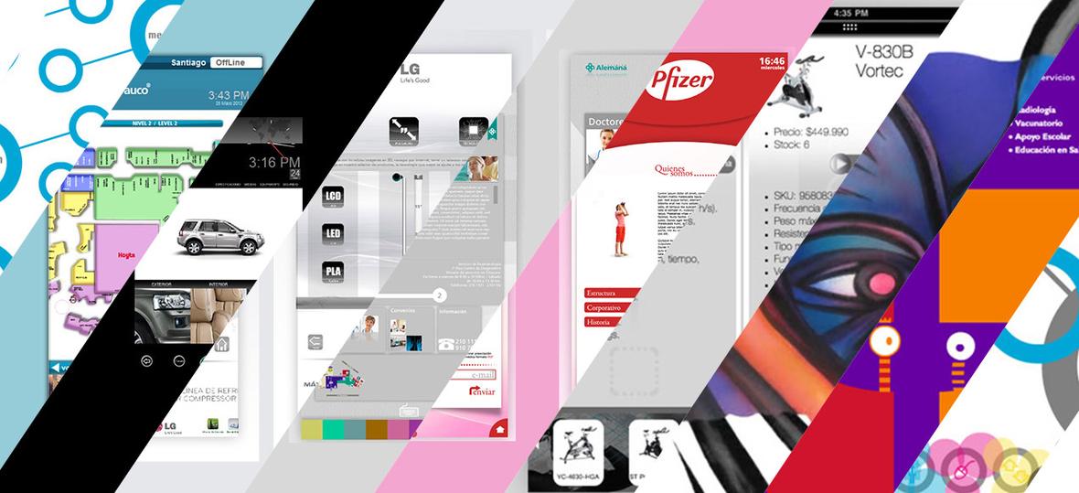 Collage de trabajos de paneles táctiles y diseño web para LG, Jaguar, Land Rover y Parque Arauco