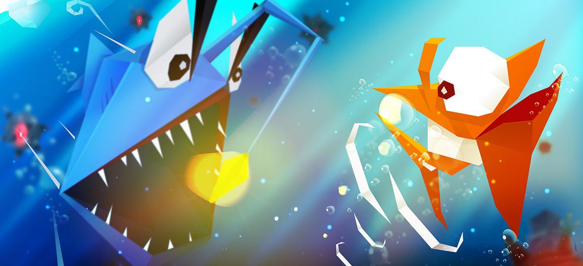 Personajes de pez de origami de baja poligonización enfrentándose bajo el agua en Ori the Origami Fish