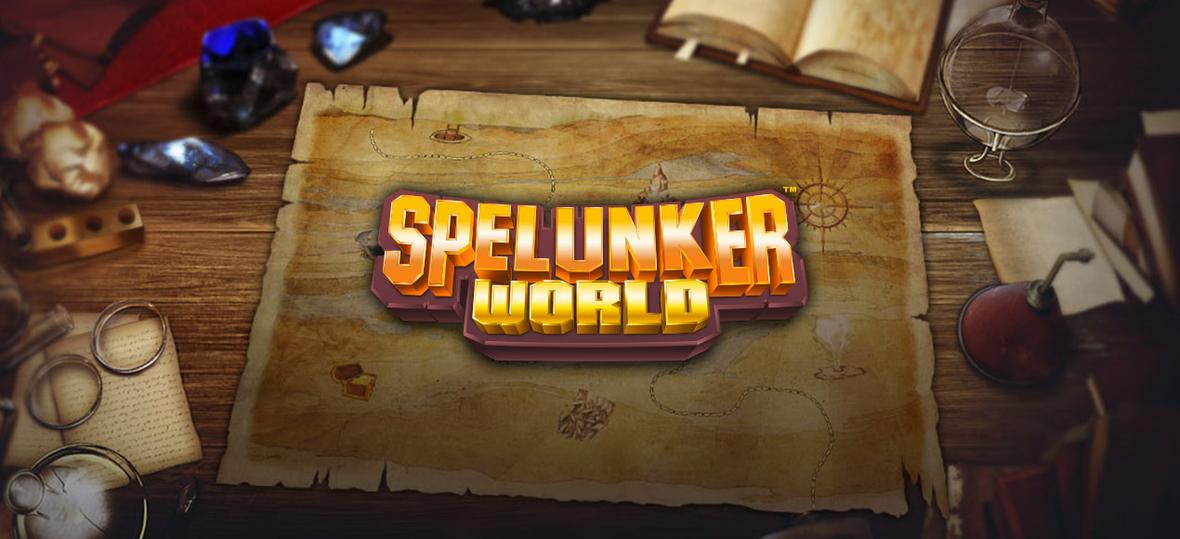 Logo de Spelunker World sobre un mapa del tesoro rodeado de objetos de exploración