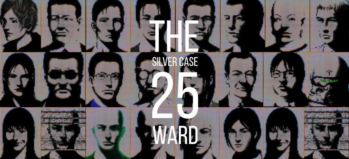 Cuadrícula de retratos monocromos con superposición glitch y el logo de The 25 Ward